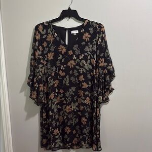 Calvin Klein Midi Black Floral Ruffled Sleeve Dress Sz 14
